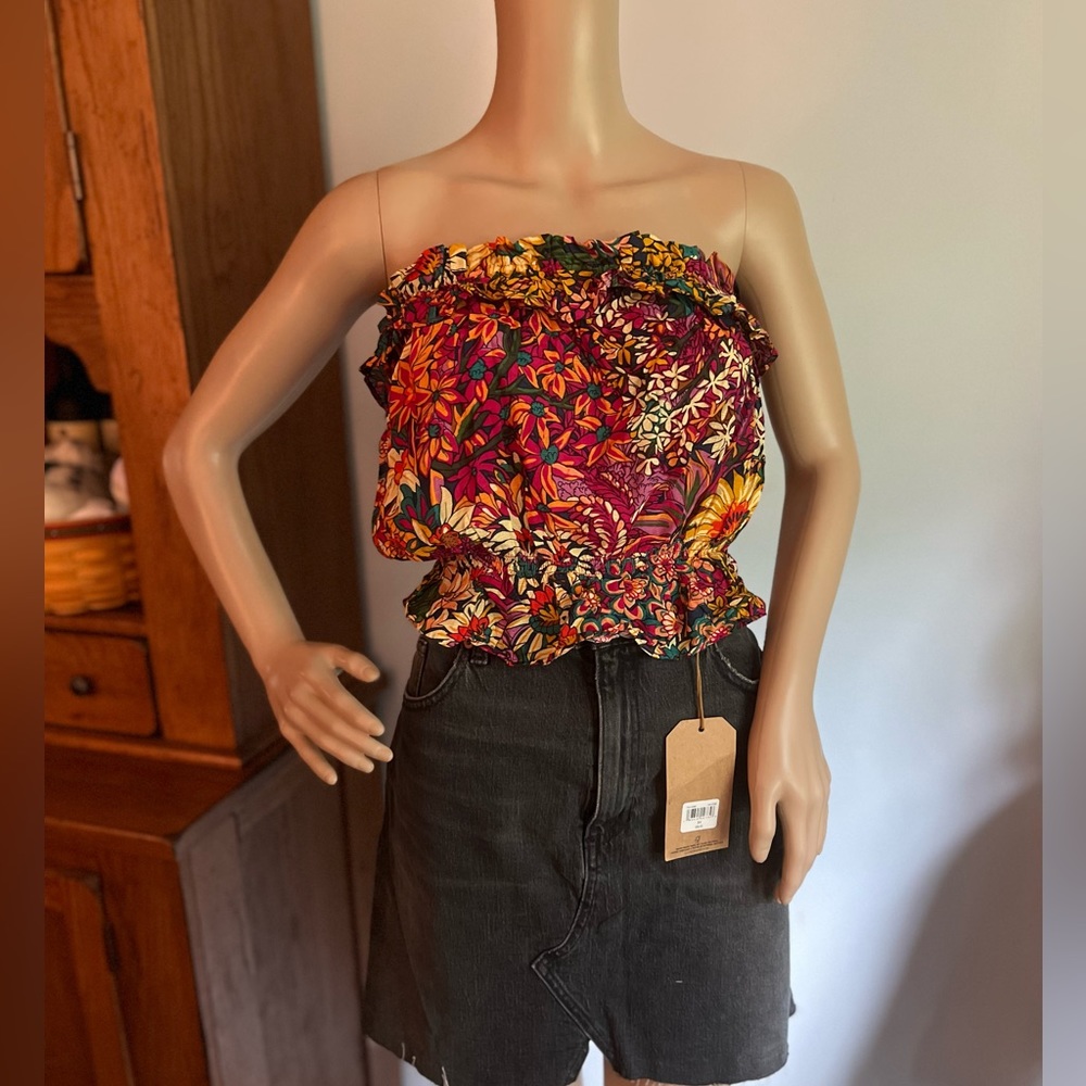 NWT $80 Maeve | Anthropologie | Bright Floral Strapless Top in Red Orange